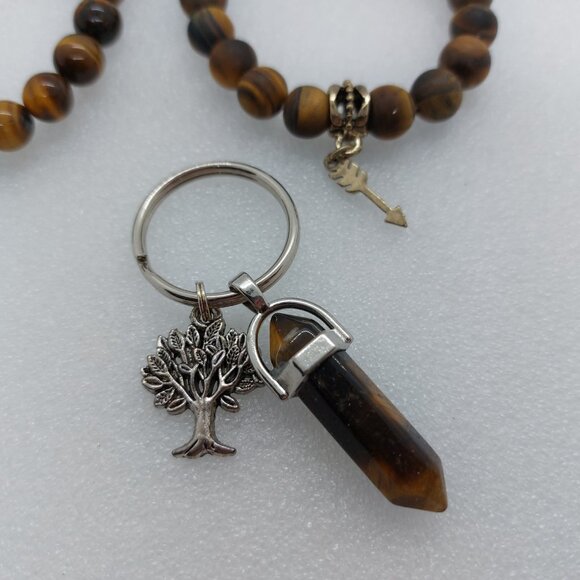 Tigers Eye & Lava Gemstone Stretch Bracelet & Key Chain Matte & Gloss Finish - Picture 2 of 7